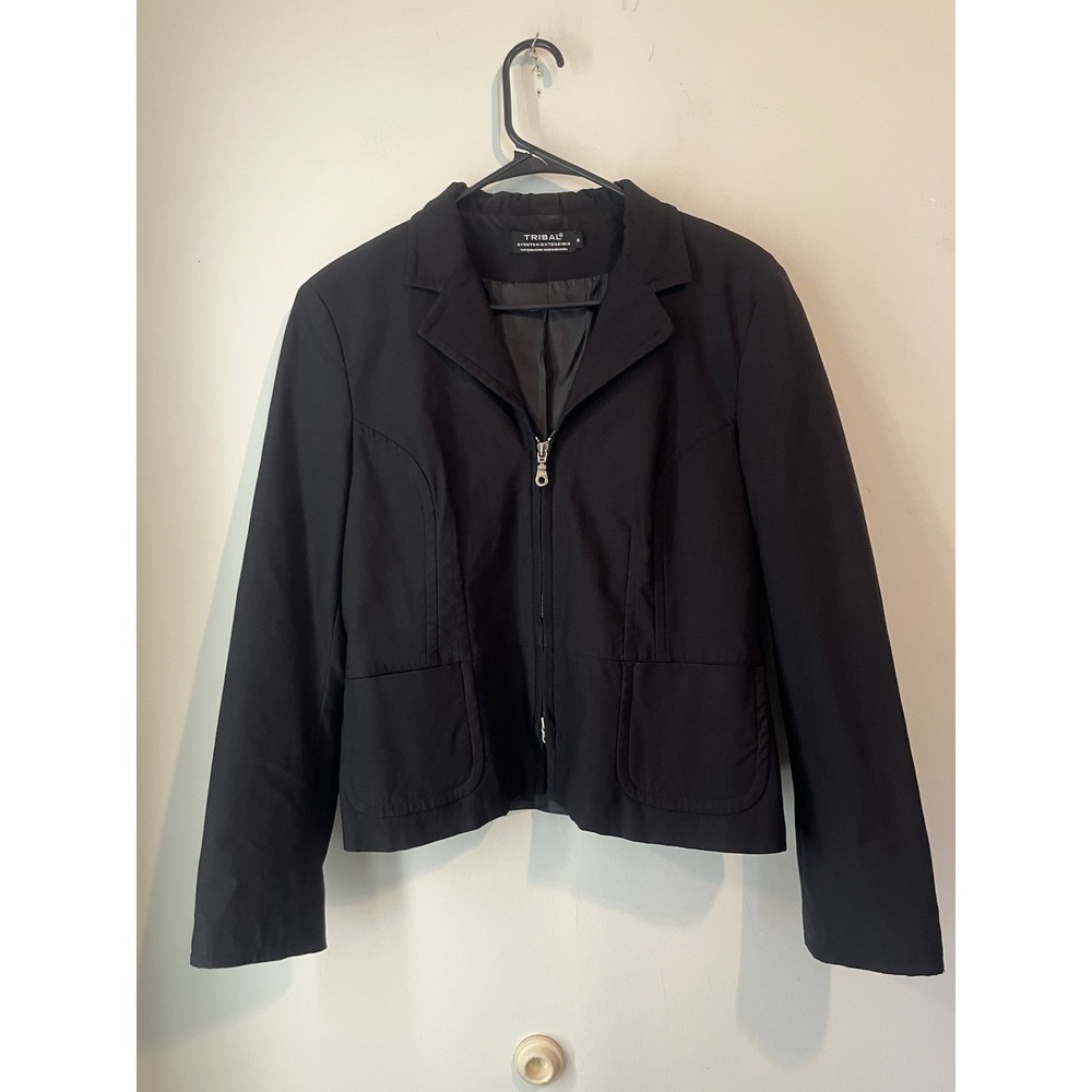 Tribal Brand Blazer Style Jacket Front Zip Black Short Size 8